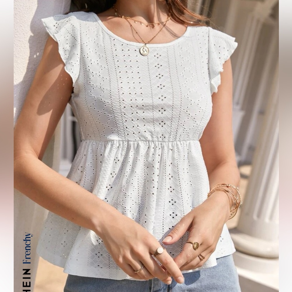 SHEIN Frenchy Eyelet Embroidery Ruffle Sleeve Peplum Tee